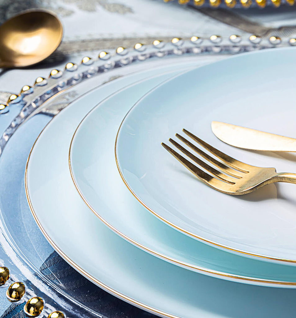 Classic Fine Bone China Dinner Plates with Gold Trim in Blue Colour